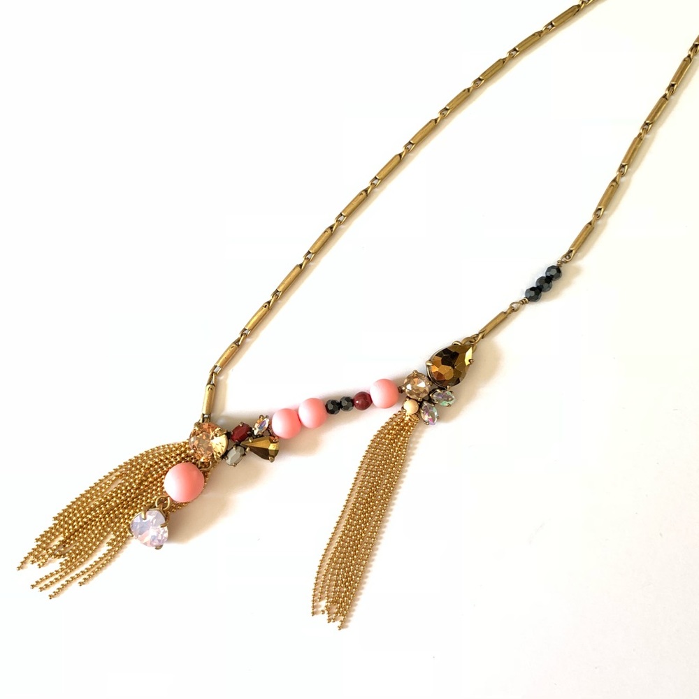J.Crew pink and gold tassel long crystal necklace